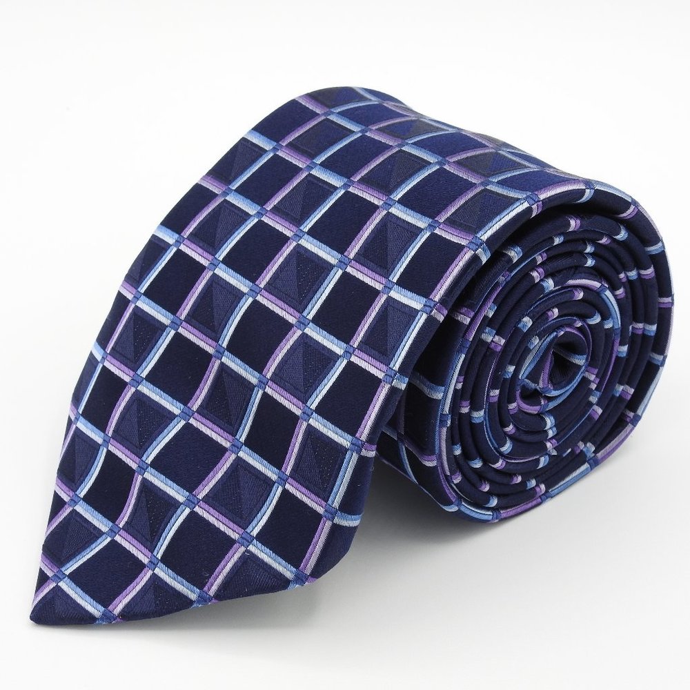 Michael Kors Navy Blue Purple Checker Neck Tie - Picture 1 of 7